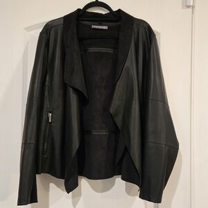 Bagatelle Black Faux Leather Open Front Jacket with Zipper Accents